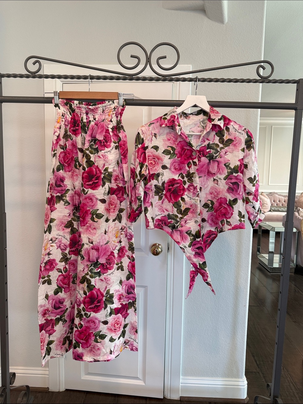 NWOT LUISA POSITANO Pink Floral Tie-Front Cropped Shirt FREE SIZE 💯 linen